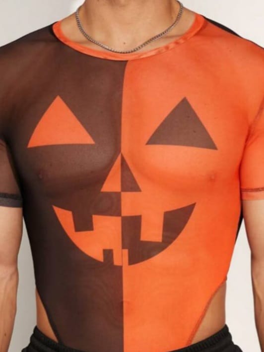 men's sexy contrast color splicing print mesh bodysuit